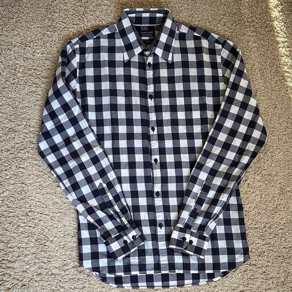 Zara Navy and White Plaid Shirt
